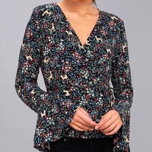 Lulus Friendly Forest Navy Blue Print Long Sleeve Wrap Top - Size X-Small